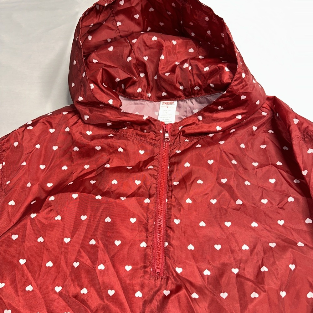 Gymboree Jacket Girls 9 Hooded Pullover Quarter Zip Wind Breaker Red White Heart - Picture 2 of 6